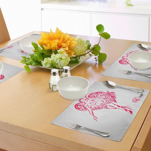 Abakuhaus Tovagliette Con Segno Zodiacale Vergine, Illustrazione Della Vergine Dello Zodiaco Con Ali Di Angelo Astratte Mistiche, Tiscjdeco In Tessuto Resistente Al Lavaggio Per La Sala Da Pranzo E La Cucina, Grigio Chiaro Rosa-image