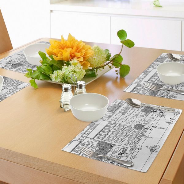 Abakuhaus Tovagliette Tedesche, Monocromatiche Schizzo Di Berlino Scena Urbana Disegnata A Mano Con Immagini Di Persone, Tiscjdeco In Tessuto Resistente Ai Colori Per La Sala Da Pranzo E La Cucina, Bianco E Nero-image