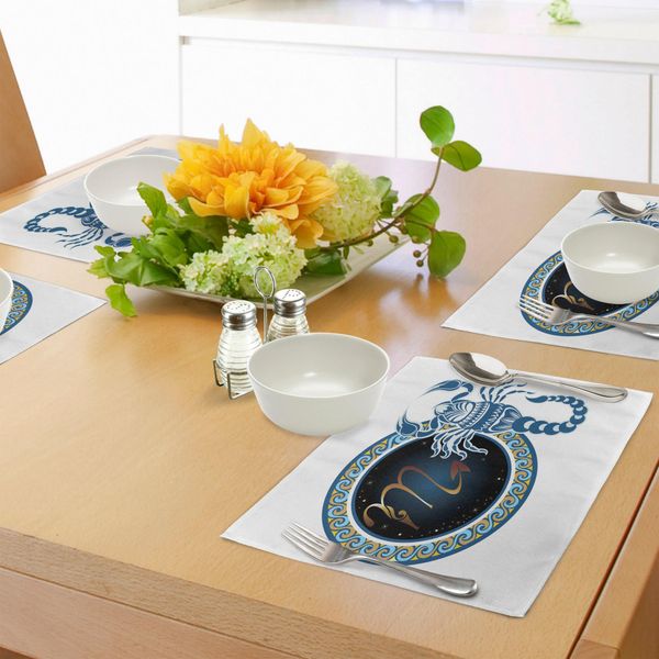 Abakuhaus Tovagliette Zodiacali Scorpione, Forme Circolari Con Motivo A Onde E Uno Scorpione Decorativo, Tiscjdeco In Tessuto Resistente Al Lavaggio Per La Sala Da Pranzo E La Cucina, Marrone Chiaro Blu Indaco-image