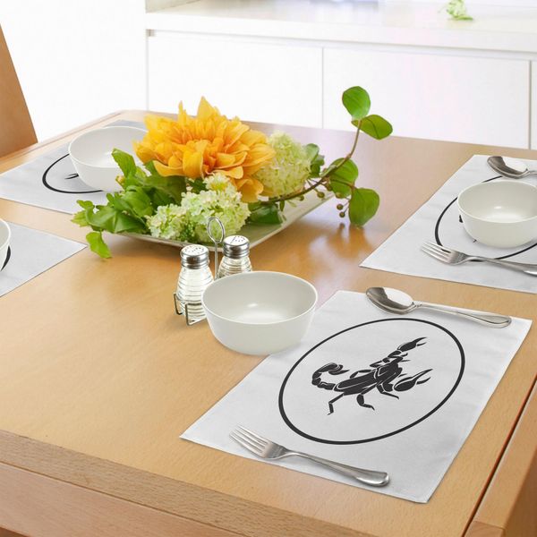 Abakuhaus Tovagliette Con Il Segno Zodiacale Dello Scorpione, Design Semplice Con Un Cerchio E La Figura Dell'animale Al Centro, Tiscjdeco In Tessuto Resistente Al Lavaggio Per La Sala Da Pranzo E La Cucina, Bianco E Nero-image