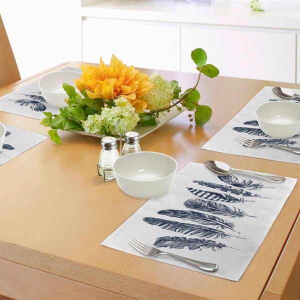 Tovagliette Abakuhaus Con Motivo A Piume, Disegno Stilizzato Con Disposizione Delle Piume, Motivo Monocromatico Wild Bird Quills, Tiscjdeco In Tessuto Resistente Al Lavaggio Per Sala Da Pranzo E Cucina, Blu Scuro E Bianco-image