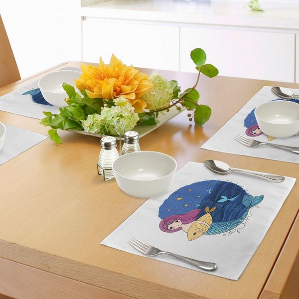Abakuhaus Tovagliette Fantasia, Sirena Disegnata A Mano Che Tiene Un Pesce Su Sfondo Con Vista Sul Mare Di Notte, Tiscjdeco In Tessuto Resistente Al Colore Per La Sala Da Pranzo E La Cucina, Multicolore-image