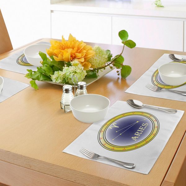 Abakuhaus Tovagliette Con Segno Zodiacale Ariete, Segni Astrologici In Un Cerchio Con La Costellazione Dell'oroscopo, Decorazioni Da Tavola In Tessuto Resistente Al Lavaggio Per La Sala Da Pranzo E La Cucina, Blu Navy, Arancione E Giallo-image