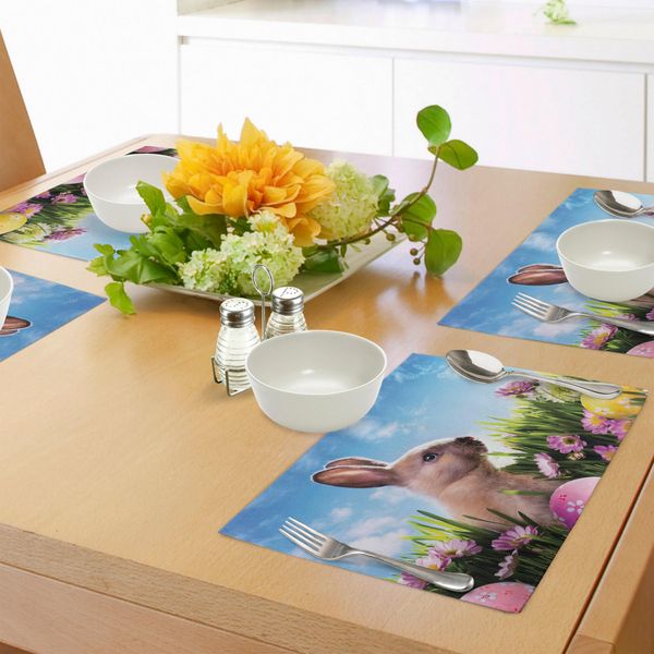 Abakuhaus Tovagliette Pasquali, Fiori Sbocciati Con Uova Colorate Dipinte E Morbidi Coniglietti - Fotografia Naturalistica, Tovagliette Decorative In Tessuto Resistente Ai Colori Per La Sala Da Pranzo E La Cucina, Multicolore-image