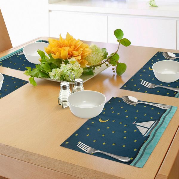 Tovagliette Fantasia Abakuhaus, Barca A Vela Nel Cielo Notturno Con Stelle E Luna Crescente, Tema Per La Cameretta Dei Bambini, Tiscjdeco In Tessuto Resistente Al Lavaggio Per La Sala Da Pranzo E La Cucina, Multicolore-image