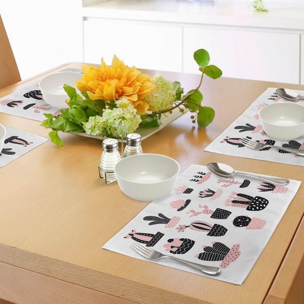 Tovagliette Abakuhaus Cactus, Illustrazione Artistica Di Un Rigoglioso Giardino Con Diverse Piante D'appartamento, Decorazione Da Tavola In Tessuto Resistente Al Lavaggio Per La Sala Da Pranzo E La Cucina, Rosa Chiaro, Bianco E Nero.-image