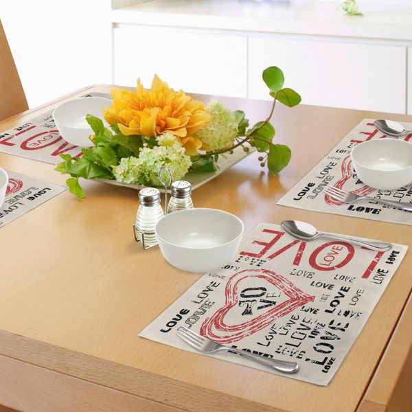 Abakuhaus Tovagliette, Scritta "Vino D'amore"" Con Sfondo Astratto, Festeggiamenti, Sentimenti Sacri, Decorazioni Da Tavola In Tessuto Resistente Al Lavaggio Per La Sala Da Pranzo E La Cucina, Rosso Cinabro, Beige, Nero"-image