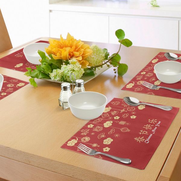 Abakuhaus Tovagliette Per Il Capodanno Cinese, Icone Orientali Celebrative, Nuvole E Decorazioni Vorticose, Decorazioni Da Tavola In Tessuto Dai Colori Vivaci Per La Sala Da Pranzo E La Cucina, Giallo Chiaro, Corallo Scuro, Bianco.-image