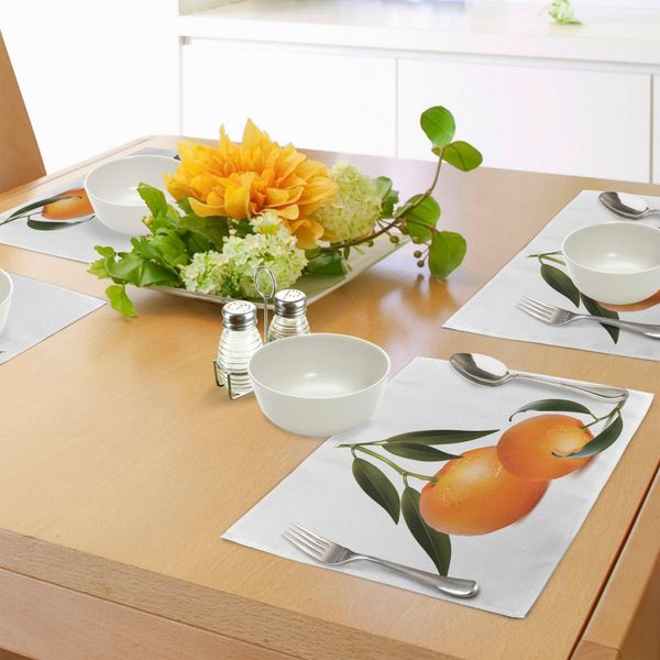 Abakuhaus Tovagliette Verdi E Arancioni, Mandarini Freschi Con Foglie Verdi E Illustrazioni A Tema Agrumi, Tiscjdeco In Tessuto Resistente Al Lavaggio Per La Sala Da Pranzo E La Cucina, Verde Oliva E Arancione-image