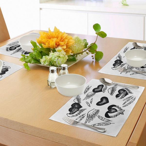 Tovagliette Abakuhaus, Cuori Romantici Con Ali, Tema San Valentino, Stile Sketch, Immagine D'amore, Decorazione Da Tavola In Tessuto Resistente Al Lavaggio Per Sala Da Pranzo E Cucina, Bianco E Nero-image
