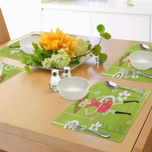 Abakuhaus Tovagliette Con Segno Zodiacale Toro, Ragazza Alla Moda Con Toro In Piedi Su Sfondo Verde A Fiori, Caricatura Giovanile, Tiscjdeco In Tessuto Resistente Ai Colori Per Sala Da Pranzo E Cucina, Multicolore-image