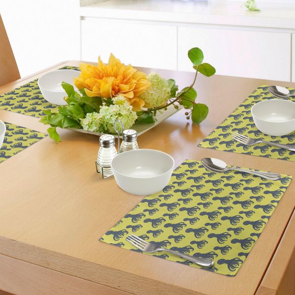 Tovagliette Abakuhaus Con Calamari, Animali Marini Astratti Disegnati A Mano Su Sfondo Giallo, Tiscjdeco In Tessuto Resistente Al Lavaggio Per La Sala Da Pranzo E La Cucina, Giallo Chiaro E Blu Cadetto-image