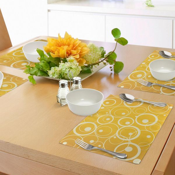 Abakuhaus Tovagliette Vintage Gialle, Cerchi E Pois Forme Geometriche Monotone Su Sfondo Giallo, Decorazioni Da Tavola In Tessuto Resistente Al Lavaggio Per La Sala Da Pranzo E La Cucina, Giallo Chiaro Giallo-image