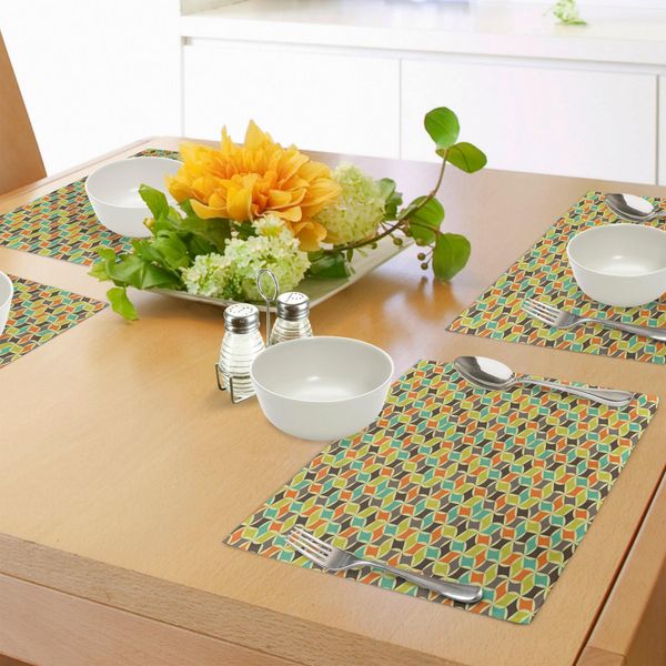 Abakuhaus Tovagliette Colorate, Stile Hippie Retrò, Forme Geometriche Astratte Su Piastrelle Semplici, Tiscjdeco In Tessuto Resistente Al Lavaggio Per La Sala Da Pranzo E La Cucina, Multicolore-image