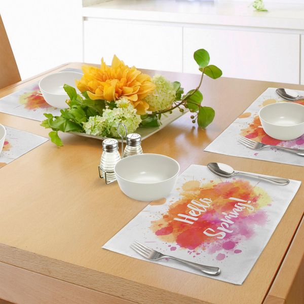 Abakuhaus Tovagliette Arancioni E Rosa, Schizzi Di Colore Astratto Con Toni Caldi, Slogan "Ciao Primavera"", Decorazioni Da Tavola In Tessuto Resistente Al Lavaggio Per La Sala Da Pranzo E La Cucina, Arancione, Giallo, Rosa"-image