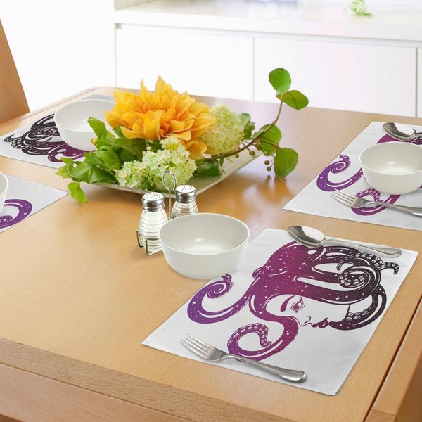 Tovagliette Abakuhaus Con Motivo A Calamaro, Illustrazione Femminile Con Polipo Sulla Sua Creativa Acconciatura, Decorazione Da Tavola In Tessuto Resistente Al Lavaggio Per Sala Da Pranzo E Cucina, Viola Scuro Magenta Lilla-image