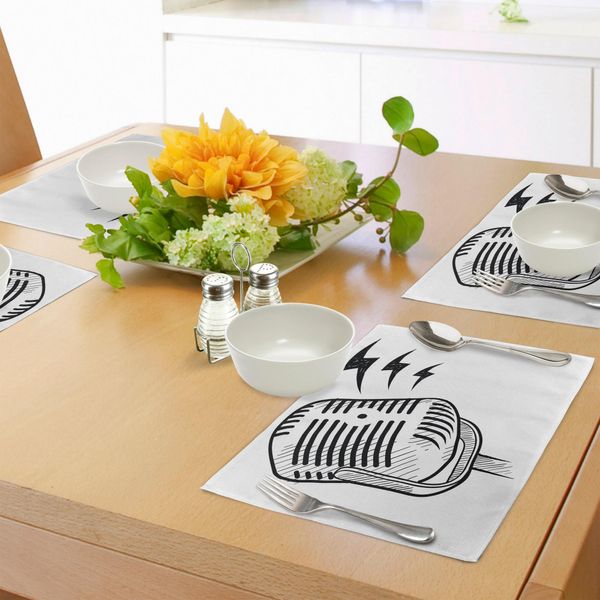 Abakuhaus Tovagliette Gekritzel, Microfono Retrò, Comunicazione E Media, Concept Radio, Podcast, Tiscjdeco In Tessuto Resistente Ai Colori Per La Sala Da Pranzo E La Cucina, Bianco E Nero-image