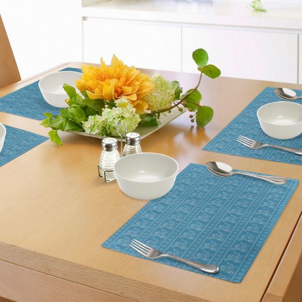 Tovagliette Abakuhaus Con Illustrazioni Di Calamari, Illustrazioni Della Vita Sottomarina In Stile Zentangle-Ethnie-Tieren, Tiscjdeco In Tessuto Resistente Al Colore Per La Sala Da Pranzo E La Cucina, Azzurro E Bianco-image