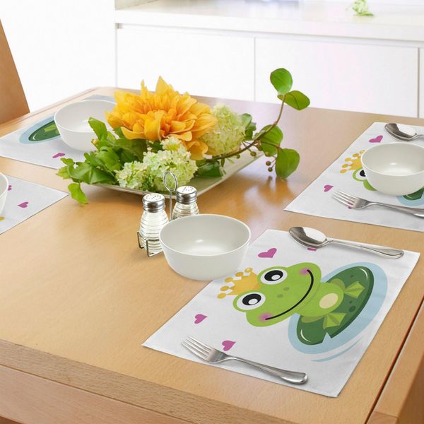 Tovagliette Abakuhaus, Simpatico Principe Ranocchio Con Corona E Cuori Disegnati A Mano, Decorazioni Da Tavolo In Tessuto Resistente Ai Colori Per La Sala Da Pranzo E La Cucina, Multicolore-image