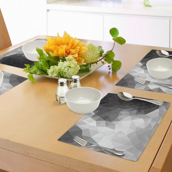 Abakuhaus Tovagliette Nere E Grigie, Triangoli Poligonali, Pois E Cerchi, Motivo Ispirato All'arte Contemporanea, Tiscjdeco In Tessuto Resistente Al Lavaggio Per Sala Da Pranzo E Cucina, Grigio Chiaro E Nero.-image