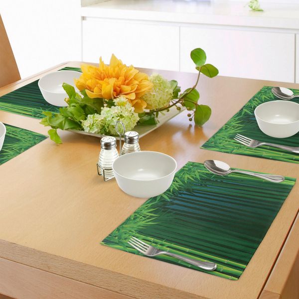 Abakuhaus Tovagliette Esotiche, Steli Con Foglie Paesi Esotici Fantasy Zen Garden Tema Ecologico, Tiscjdeco In Tessuto Resistente Al Colore Per La Sala Da Pranzo E La Cucina, Verde Mela Verde Scuro Blu-image