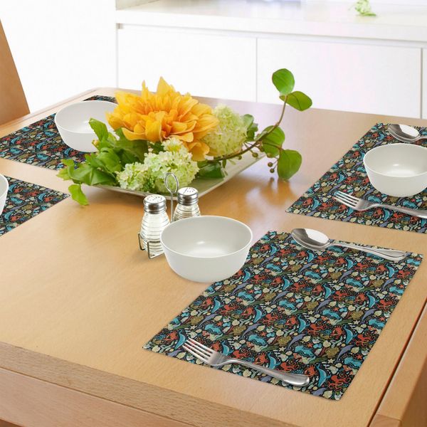 Tovagliette Abakuhaus Marine, Stile Ornamentale Spirituale Animali Marini Selvatici Polpo Cavalluccio Marino Sepia Medusa, Tiscjdeco In Tessuto Resistente Al Colore Per La Sala Da Pranzo E La Cucina, Multicolore-image