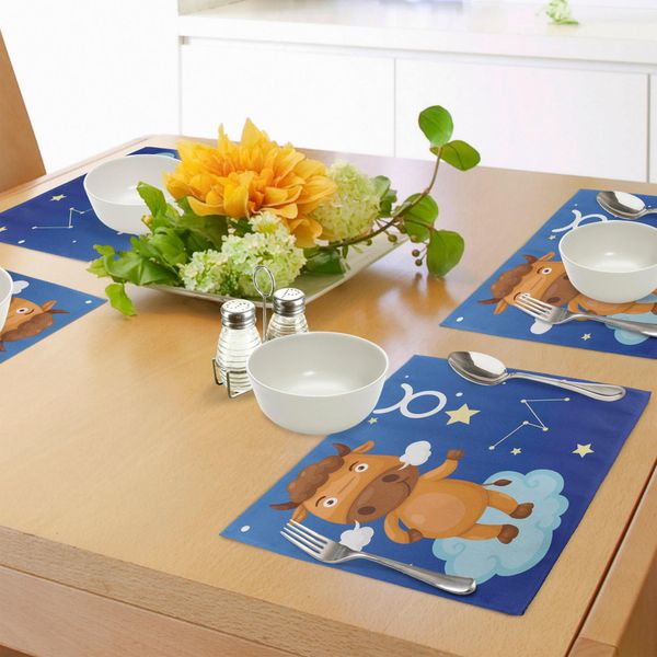 Abakuhaus Tovagliette Con Segno Zodiacale Toro, Personaggio Caricaturale Toro Su Nuvola Blu Nel Cielo Con Costellazione Di Stelle E Segno, Stampa Digitale Su Tessuto Lavabile, Decorazione Da Tavola Per Cucina, Multicolore-image