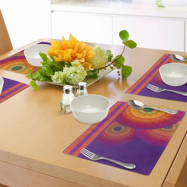 Tovagliette Orientali Abakuhaus, Colorato Disegno Mandala Con Cerchi Ispirati Al Folklore Dell'asia Meridionale, Tiscjdeco In Tessuto Resistente Al Lavaggio Per La Sala Da Pranzo E La Cucina, Multicolore-image