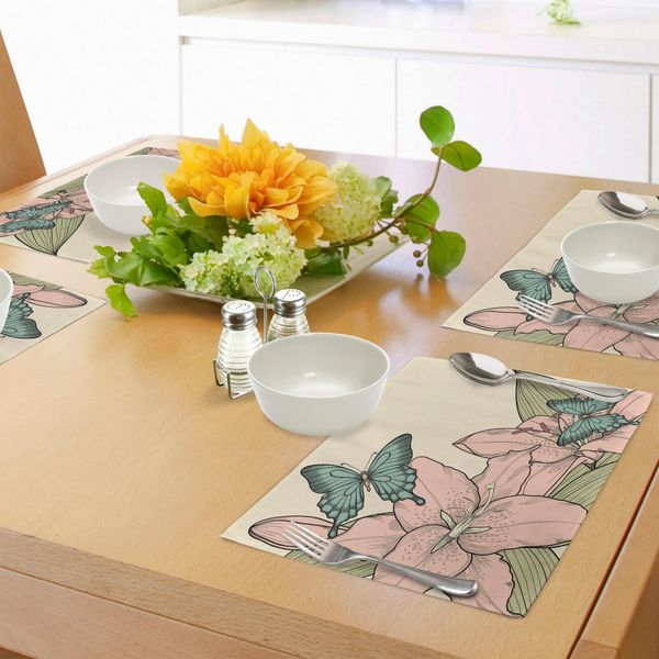 Abakuhaus Tovagliette Primaverili, Farfalle A Coda Di Rondine Su Gigli E Foglie Disegnate A Mano Natura Colorata, Tiscjdeco In Tessuto Resistente Al Lavaggio Per La Sala Da Pranzo E La Cucina, Multicolore-image