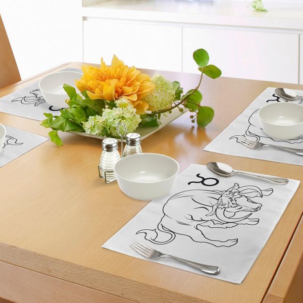 Abakuhaus Tovagliette Zodiaco Toro, Disegno Del Toro Realizzato A Mano Con Segno Zodiacale In Tinta Unita, Tiscjdeco In Tessuto Resistente Al Lavaggio Per La Sala Da Pranzo E La Cucina, Bianco E Nero-image