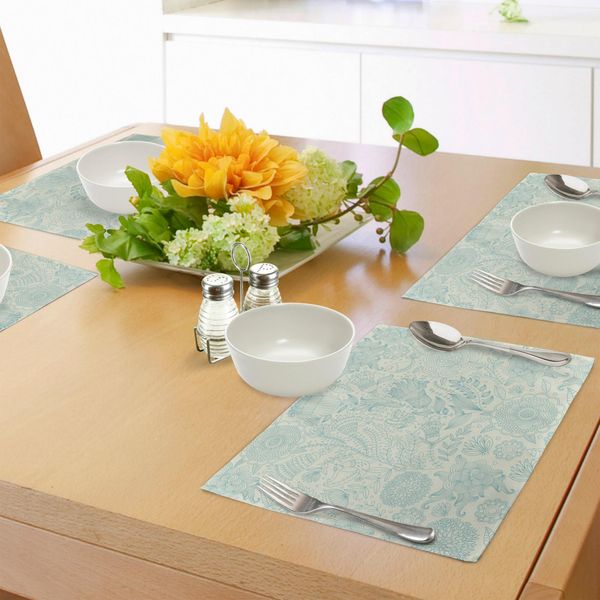 Abakuhaus Tovagliette Blu E Verde, Motivi Decorativi Antichi Ispirati Alla Vivace Natura Della Stagione Estiva, Tiscjdeco In Tessuto Resistente Al Lavaggio Per La Sala Da Pranzo E La Cucina, Verde Chiaro E Blu-image