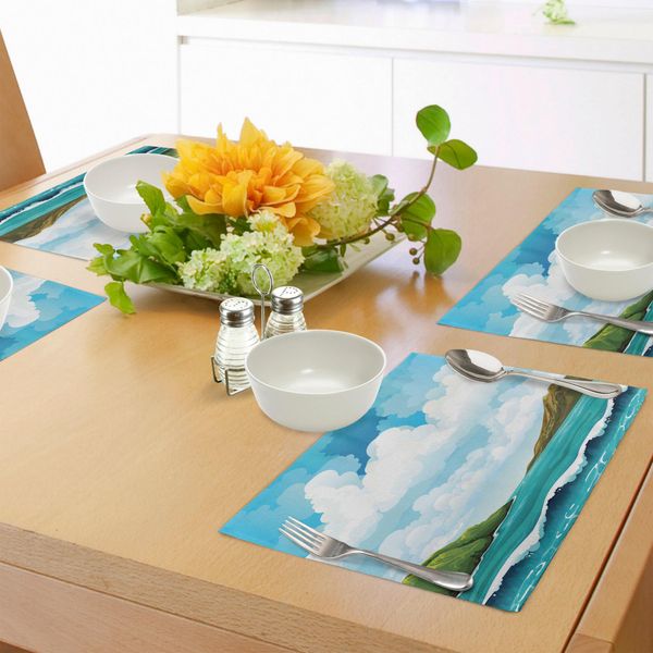 Abakuhaus Tovagliette Mare, Vista Mare Con Isole Ondulate E Cielo Blu Nuvoloso - Stile Caricaturale Esotico E Tranquillo, Tiscjdeco In Tessuto Resistente Al Lavaggio Per La Sala Da Pranzo E La Cucina, Multicolore-image