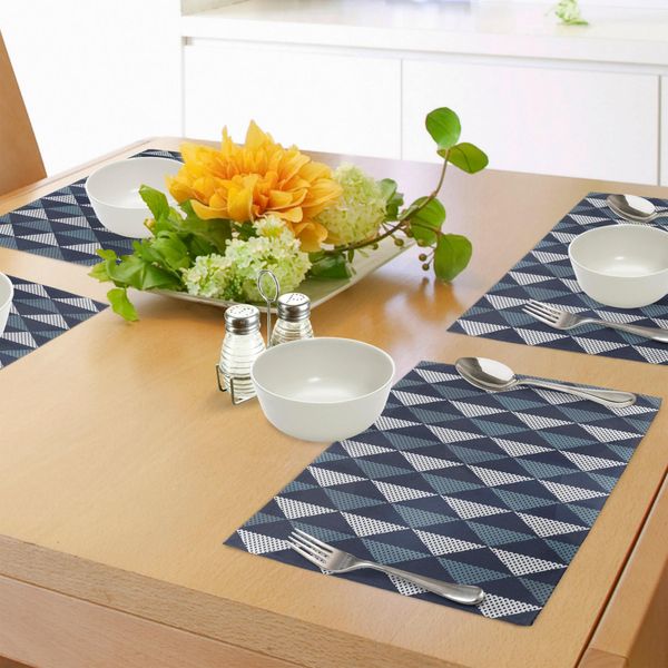Abakuhaus Tovagliette Geometriche, Composizione Di Rombi E Punti Dalle Forme Astratte In Stile Retrò, Tiscjdeco In Tessuto Resistente Al Lavaggio Per La Sala Da Pranzo E La Cucina, Blu Scuro E Bianco-image