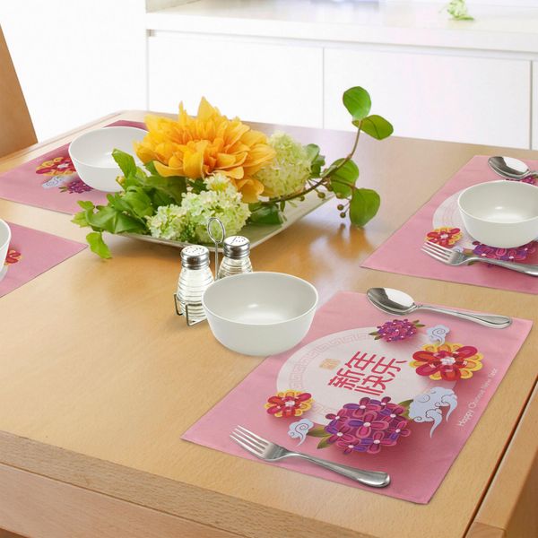 Abakuhaus Tovagliette Per Il Capodanno Cinese, Cerchio Rosa Pallido Con Bouquet Di Fiori Vivaci - Prosperità Per L'anno Nuovo, Decorazioni Per La Tavola In Tessuto Resistente Ai Colori Per La Sala Da Pranzo E La Cucina, Multicolore-image