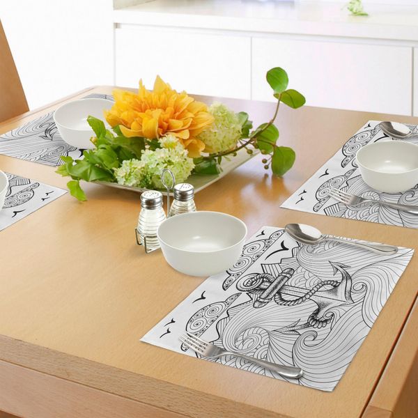 Tovagliette Abakuhaus, Stile Zentangle Oceano E Nuvole Disegno Artistico Realizzato A Mano Tema Marino, Tiscjdeco In Tessuto Resistente Al Lavaggio Per Sala Da Pranzo E Cucina, Bianco E Nero-image