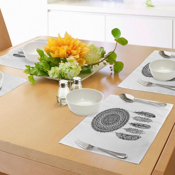 Tovagliette Abakuhaus, Acchiappasogni Etnico Con Fogliame Fiorito E Bobine Azteche Pendenti, Tiscjdeco In Tessuto Resistente Al Lavaggio Per La Sala Da Pranzo E La Cucina, Bianco E Nero-image