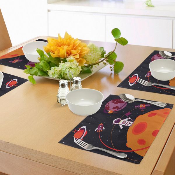 Abakuhaus Tovagliette, Astronauta Sulla Luna E Satelliti Spaziali In Orbita Fun Journey Universe Cartoon, Tiscjdeco In Tessuto Resistente Ai Colori Per La Sala Da Pranzo E La Cucina, Multicolore-image