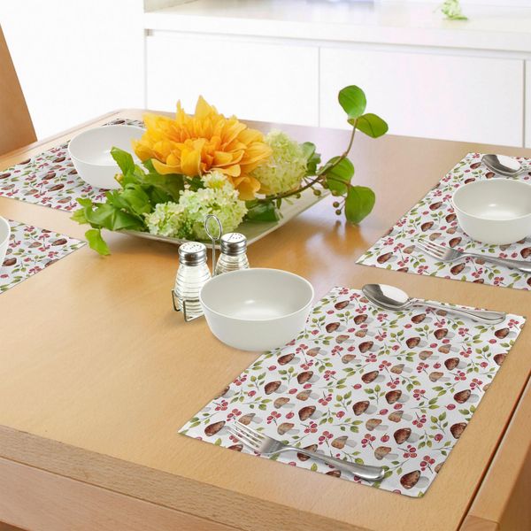 Tovagliette Abakuhaus Con Motivo Funghi, Disegno Artistico Ad Acquerello Con Elementi Forestali, Funghi, Bacche E Rami, Tema Autunnale, Decorazione Da Tavola In Tessuto Resistente Al Lavaggio Per Sala Da Pranzo E Cucina, Multicolore-image