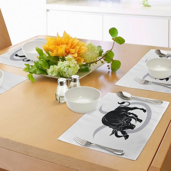 Abakuhaus Tovagliette Con Segno Zodiacale Toro, Sagoma Nera Di Tierox Su Icona Dell'oroscopo - Simbolo Astrologico, Tiscjdeco In Tessuto Resistente Al Lavaggio Per Sala Da Pranzo E Cucina, Grigio Chiaro Bianco Nero-image