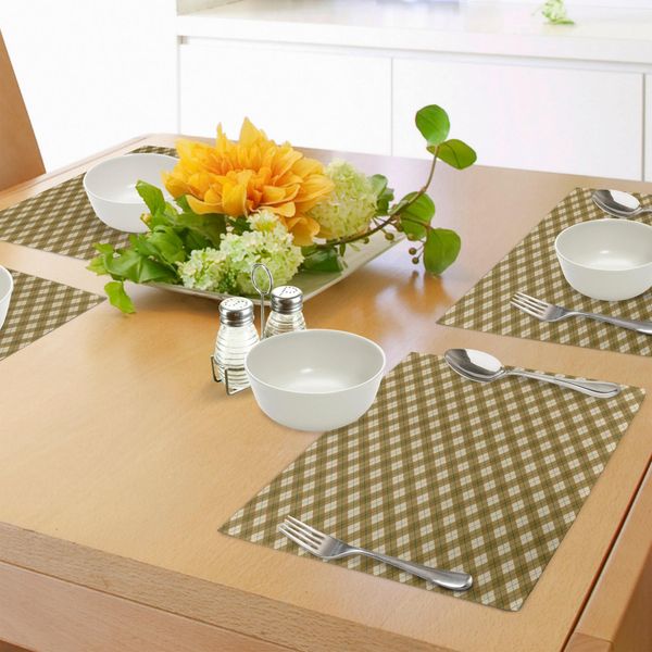 Tovagliette Abakuhaus, Motivo A Quadri Diagonali Nei Toni Del Marrone Con Dettagli A Strisce Verdi In Stile Retrò, Tovaglietta Decorativa In Tessuto Resistente Al Lavaggio Per La Sala Da Pranzo E La Cucina, Marrone Chiaro, Beige, Verde-image