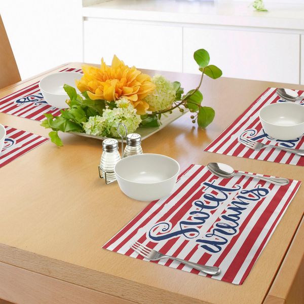 Abakuhaus Tovagliette "Sogni D'oro"", Sfondo A Righe Vintage Con Messaggi Positivi Sul Mare, Decorazioni Da Tavola In Tessuto Resistente Al Lavaggio Per La Sala Da Pranzo E La Cucina, Blu Navy, Bianco E Rosso."-image
