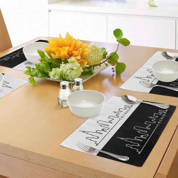 Tovagliette Abakuhaus Chicago Skyline, Stile Minimalista, Pianta Urbana, Diagramma Della Città, Schizzo Americano Astratto, Tiscjdeco In Tessuto Resistente Al Lavaggio Per Sala Da Pranzo E Cucina, Bianco E Nero-image