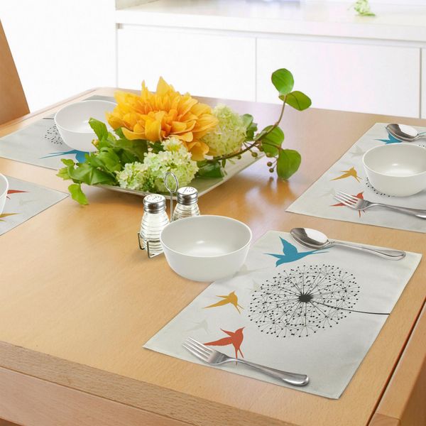 Tovagliette Abakuhaus Con Uccelli, Tre Rondini Che Volano Attorno A Un Enorme Dente Di Leone, Tiscjdeco In Tessuto Resistente Al Lavaggio Per La Sala Da Pranzo E La Cucina, Arancione Scuro, Marrone, Giallo E Azzurro.-image
