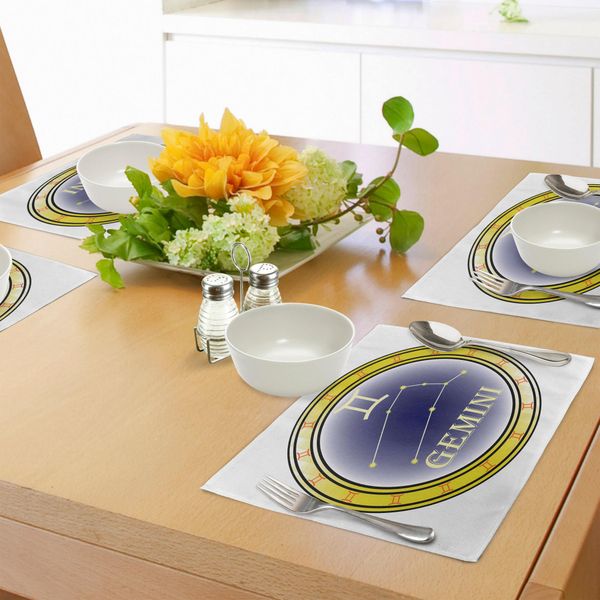 Abakuhaus Tovagliette Zodiaco Gemelli, Cerchio Con Simboli E Tema Costellazione Destino E Stelle, Tiscjdeco In Tessuto Resistente Al Lavaggio Per Sala Da Pranzo E Cucina, Blu Navy Arancione Giallo-image