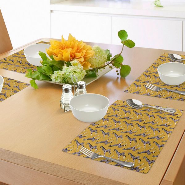 Abakuhaus Tovagliette Giraffa, Figure Decorative Di Animali Con Motivi Tribali Ed Etnici Su Sfondo Giallo Con Volute, Tiscjdeco In Tessuto Resistente Al Lavaggio Per La Sala Da Pranzo E La Cucina, Multicolore-image