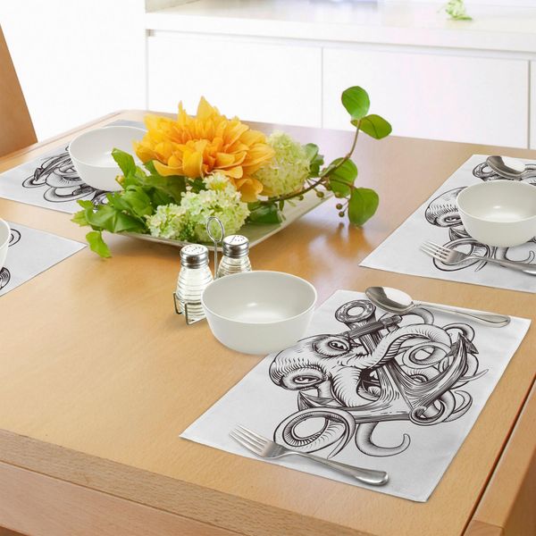 Tovagliette Abakuhaus Anker, Tatuaggio Polipo Monocolore, Arte Marina, Disegno Mitico Di Polipo, Tiscjdeco In Tessuto Resistente Al Lavaggio Per Sala Da Pranzo E Cucina, Bianco E Marrone-image