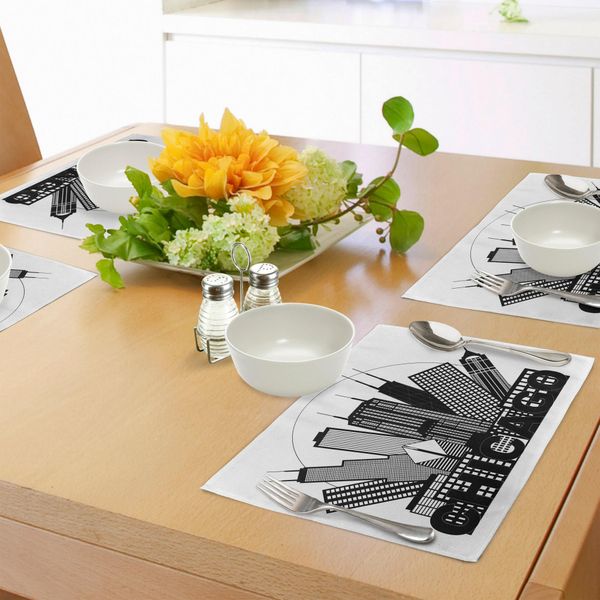 Tovagliette Abakuhaus Chicago Skyline, Cerchio Città Paesaggio Edificio Per Uffici Ricordi Nordamericani Stampa, Tiscjdeco In Tessuto Resistente Al Lavaggio Per Sala Da Pranzo E Cucina, Bianco E Nero-image