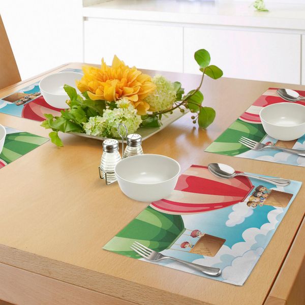 Abakuhaus Tovagliette Da Tavola, Bambini In Mongolfiere, Illustrazione A Tema Avventura E Esplorazione Per Bambini, Tiscjdeco In Tessuto Resistente Ai Colori Per La Sala Da Pranzo E La Cucina, Multicolore-image