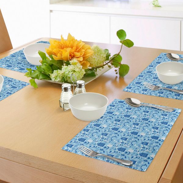 Abakuhaus Tovagliette Olandesi, Elementi Della Natura E Dell'architettura Dei Paesi Bassi In Tonalità Blu, Tiscjdeco In Tessuto Resistente Al Lavaggio Per La Sala Da Pranzo E La Cucina, Azzurro, Blu Navy E Bianco.-image