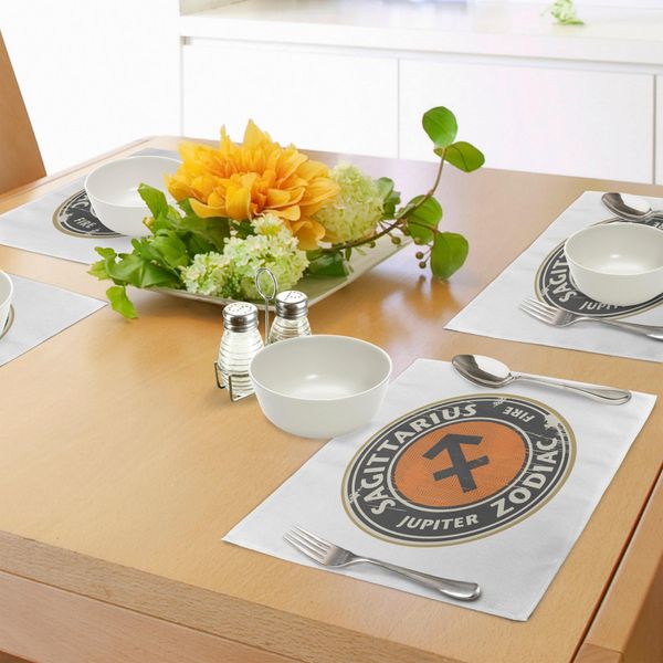 Abakuhaus Tovagliette Zodiaco Sagittario, Logo A Tema Zodiacale Giove E Immagine Grunge Fuoco, Tiscjdeco In Tessuto Resistente Al Lavaggio Per Sala Da Pranzo E Cucina, Taupe Scuro Arancione Beige-image